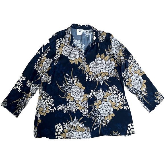 Marina Rinaldi Bardo Top Blouse Button Down Shirt Floral Print Long Sleeve 16 - Picture 2 of 7